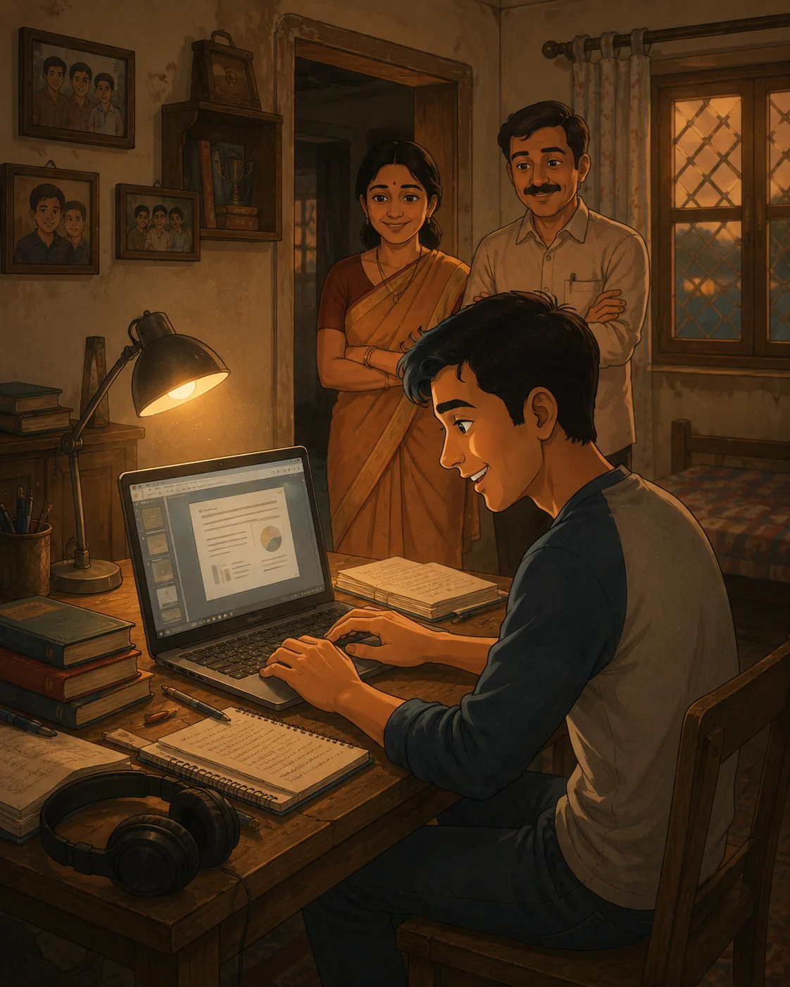 Young Indian student using his first laptop for college studies and projects